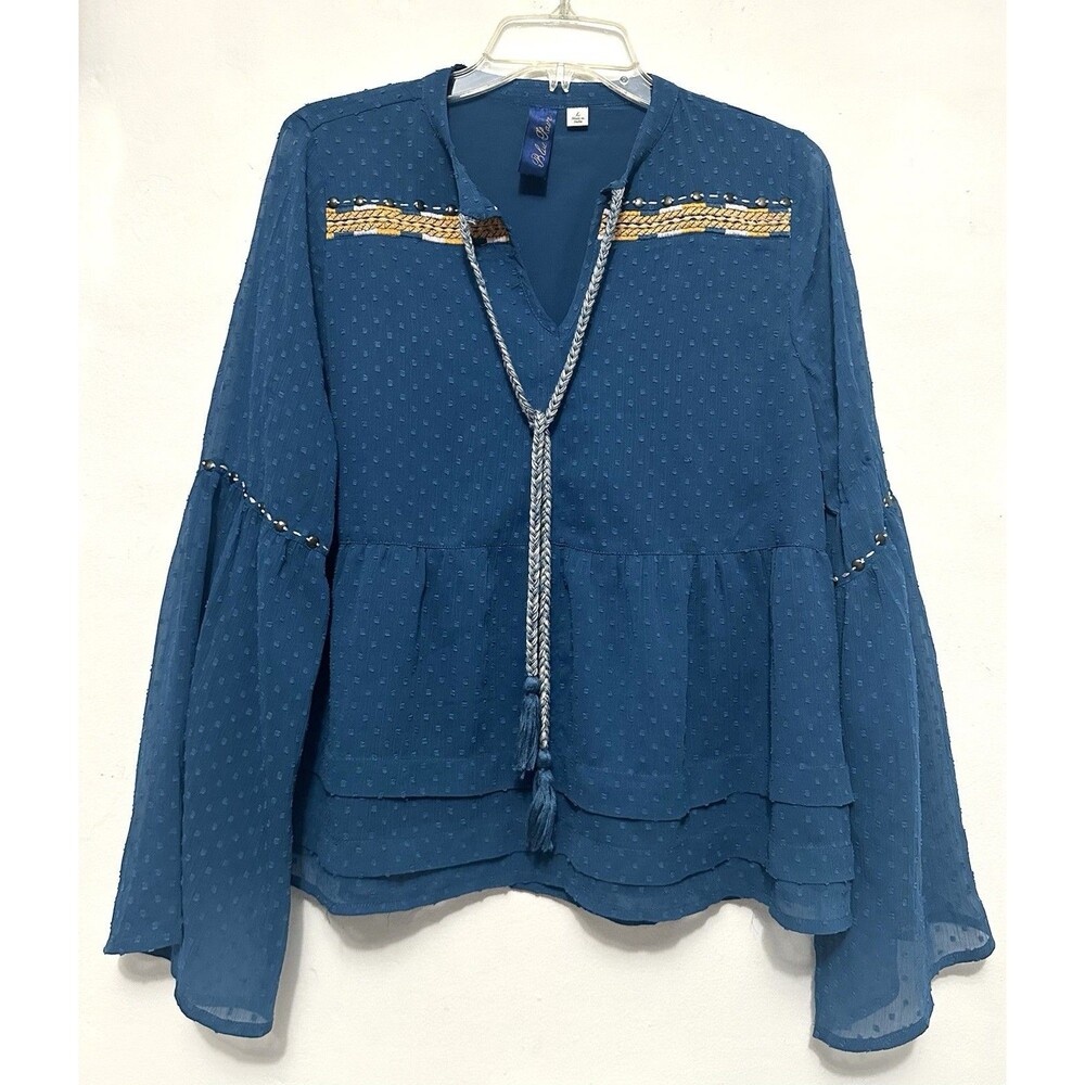 Blue Ribbon Francesca's Peasant Ren Faire Teal Blue Boho Peplum Tassels Blouse L